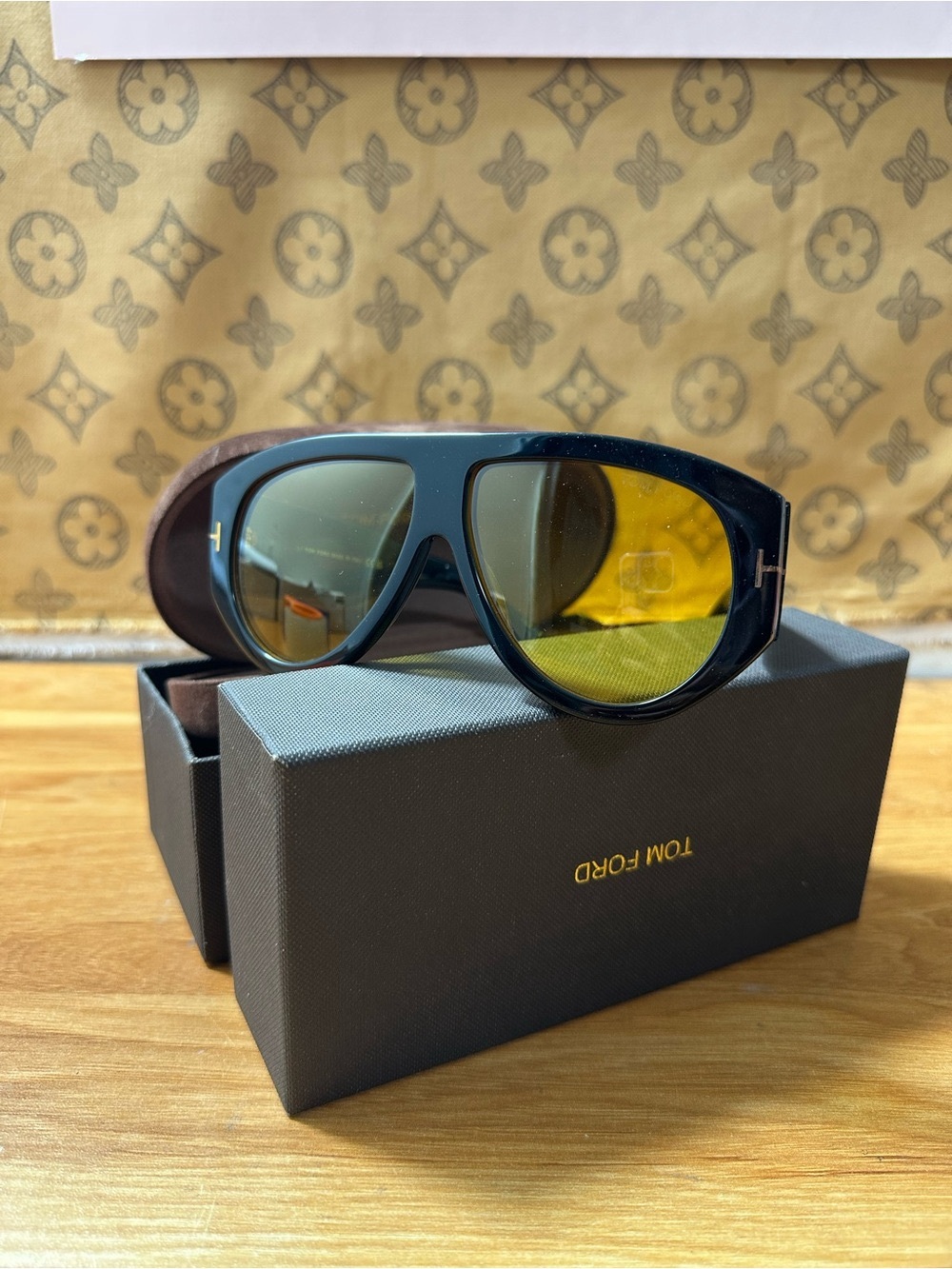 Tom Ford Men’s Black Frame Sunglasses with Yellow Lenses and Gold T Accents